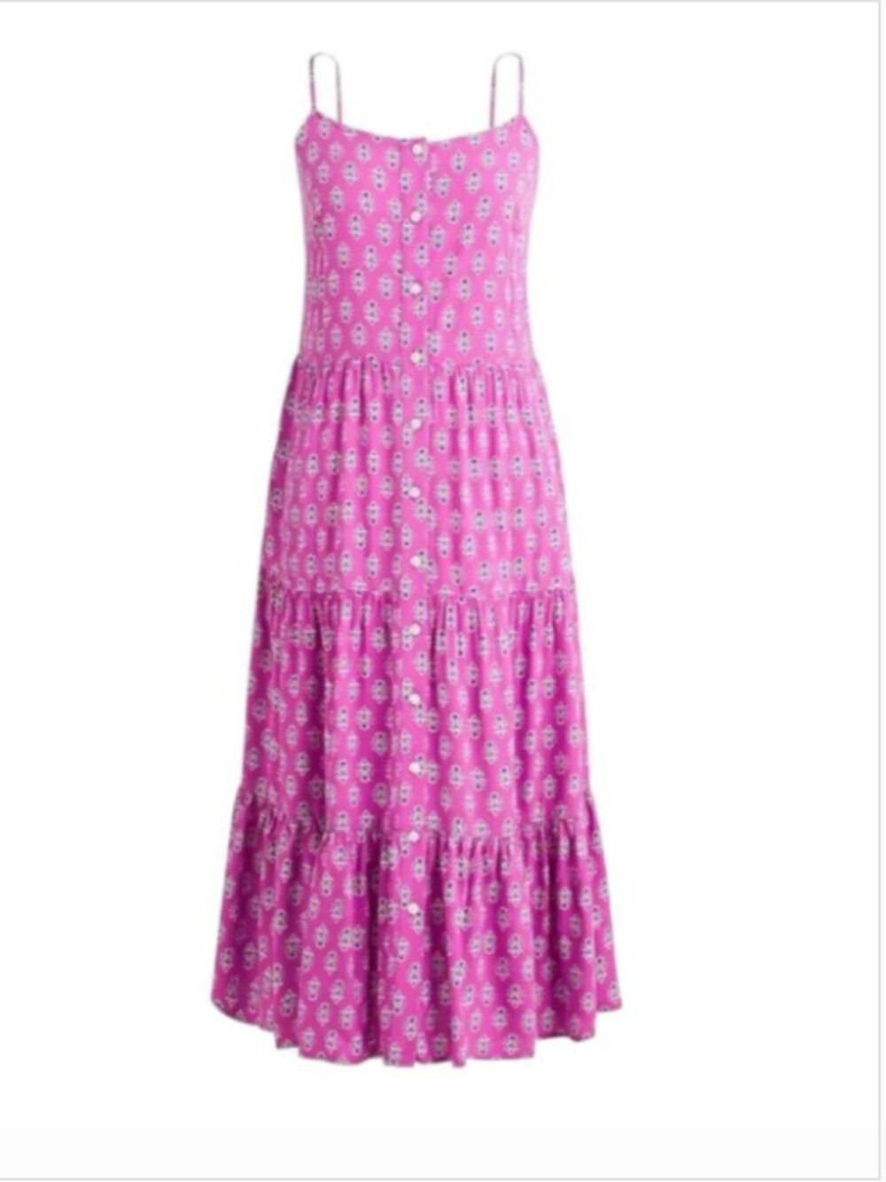 J. Crew Strappy Tiered Midi Dress in 'Festive Pink Baltic Blue' Size 6P - Picture 1 of 9